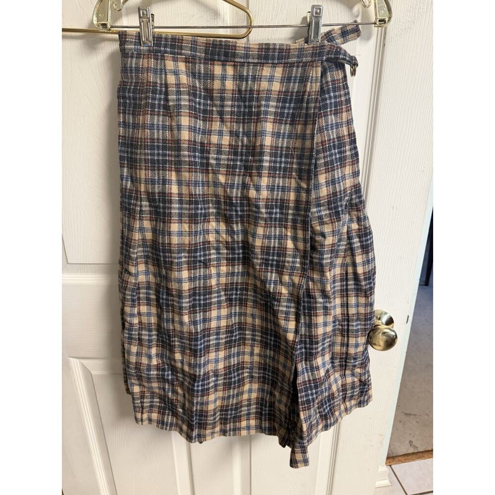 Vnt Pendleton Plaid Skirt Virgin Wool Kennedy Pleated USA 26x27 Wrap Brown Blue